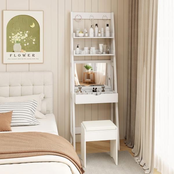 JV11852WH Vanity Desk Set with Flip Top Mirror Hidden Storage Compartments & Cushioned Stool - White