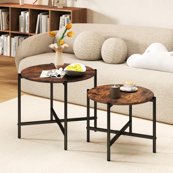 JV12114CF 21.5 in. Round Coffee Table with Heavy-Duty Metal Frame - Rustic Brown - Set of 2