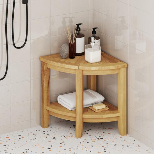 Picture of Costway JV12444 Teak Wood Shower Bench with Storage Shelf for Inside Shower to Sit on