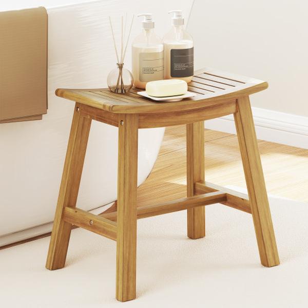 Picture of Costway JV12445 Teak Wood Shower Stool with Curved Seat for Inside Shower Spa