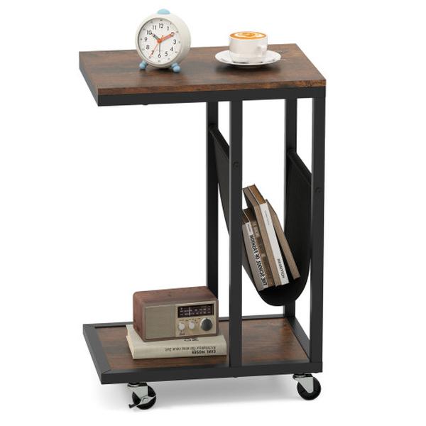 JV12464CF C-Shaped Side Table with Canvas Storage Pouch & Metal Frame - Brown
