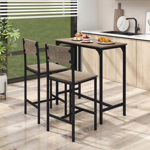 JV12465GR Bar Table Set with Backrest & Footrest for Small Space - Gray - 3 Piece