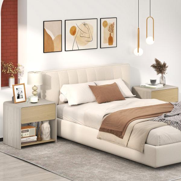 JV12468OK 2-Tier Modern Style Nightstand with Drawer & Open Shelf - Oak
