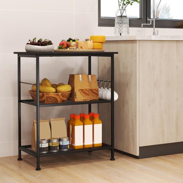 JZ10017DK 3-Tier Kitchen Serving Cart Utility Standing Microwave Rack with Hooks - Black