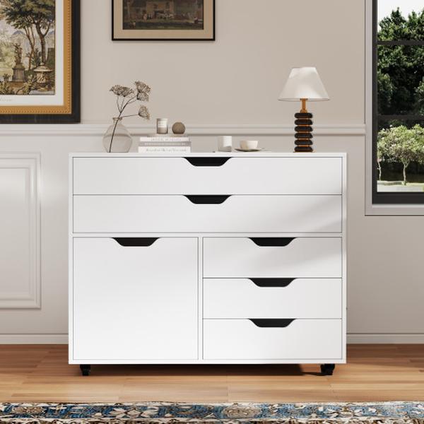 JZ10295WH Modern Vertical 5-Drawer Mobile Chest with Door 5 Casters - White