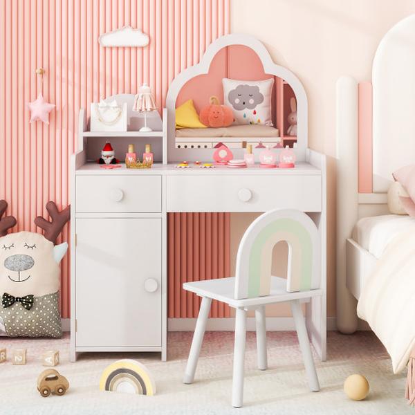 Picture of Costway HY10304WH Kids Vanity Table & Chair Set with Cloud-Shaped Mirror & Open Shelf - White