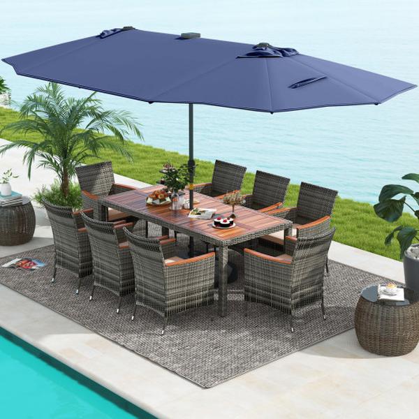 NP11368NY-HW71816- Patio Dining Set with 15 ft. Double-Sided Umbrella Base Included - Navy - 11 Piece