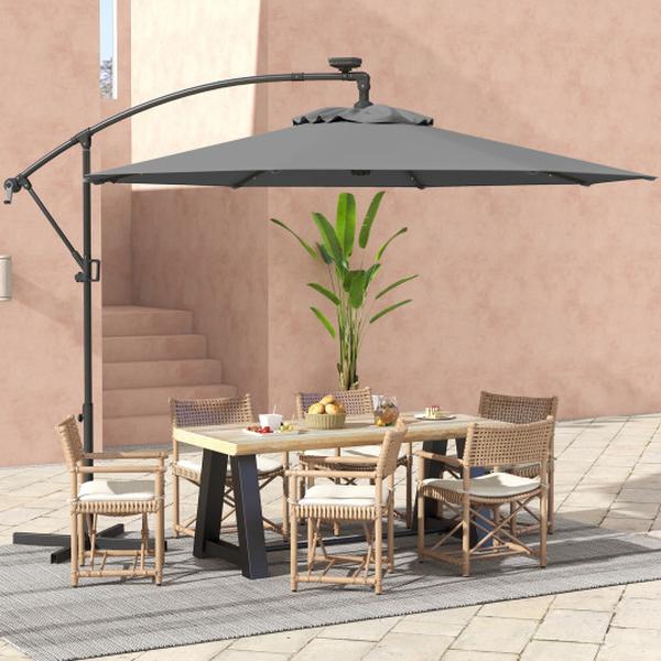 NP11558HS 10 ft. 360 Deg Rotation Solar Powered LED Patio Offset Umbrella without Weight Base - Gray