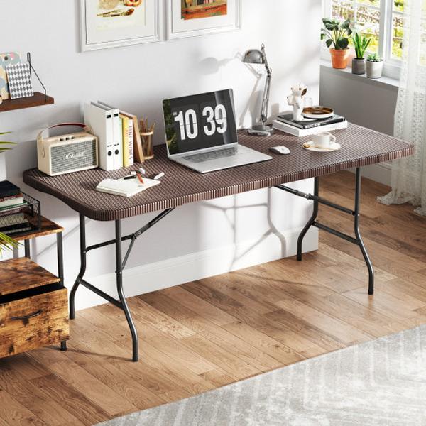 Picture of Costway NP11988CF 6 ft. Portable Folding Table with Rattan-Like HDPE Tabletop & Safe Lock Mechanism - Brown