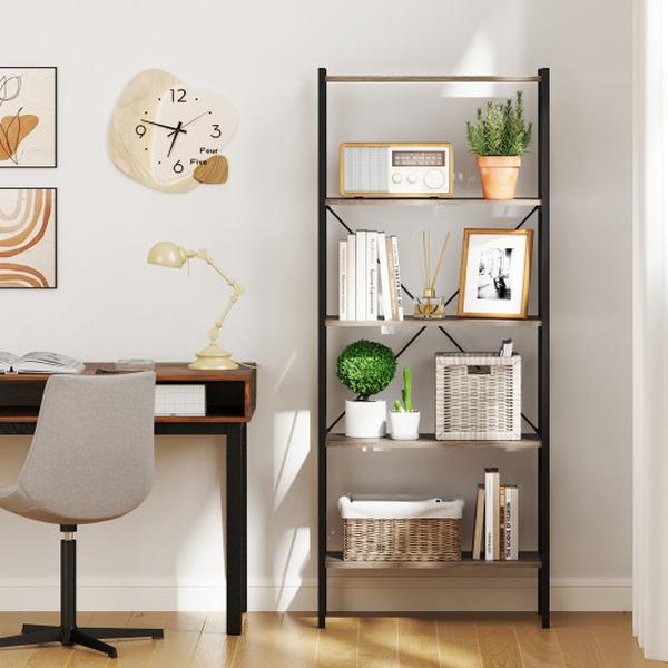 Picture of Costway JV12019OA 5-Tier Bookshelf with Open Shelves & Heavy Duty Metal Frame - Gray