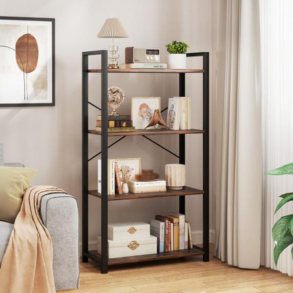 JV12043CF 4-Tier Bookshelf with Heavy Duty Metal Frame Industrial Display Shelf - Rustic Brown