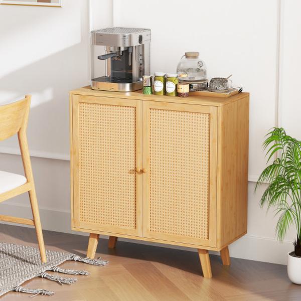 JV12138NA Bamboo Buffet Storage Cabinet with PE Rattan Doors & Freestanding Kitchen Cupboard - Natural
