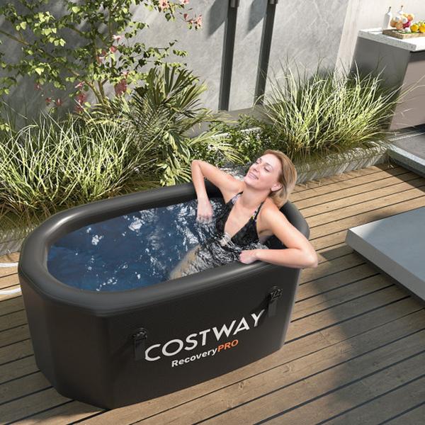 Picture of Costway NP12042BK 129 gal Extra Large Oval Ice Bath Tub with Cover & Hand Pump for Athletes - Black