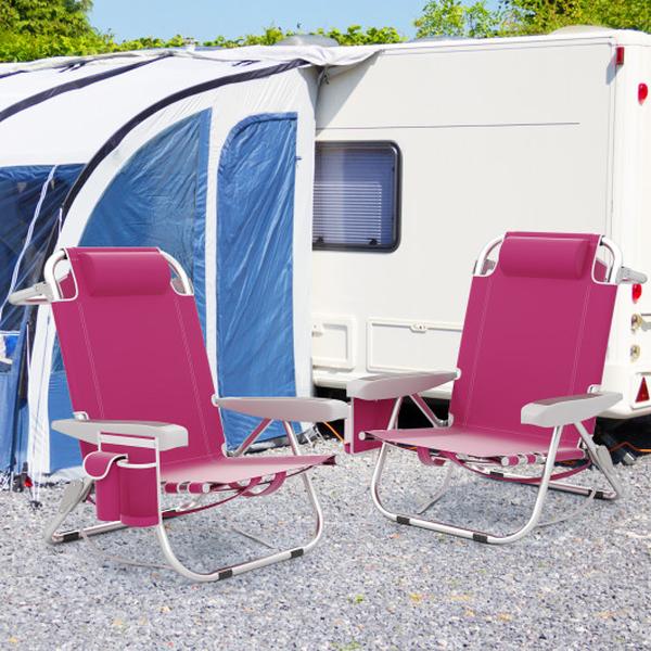 NP11624PI-1 Foldable Backpack Beach Chair with Cup Holder & Storage Pockets for Outdoor - Pink