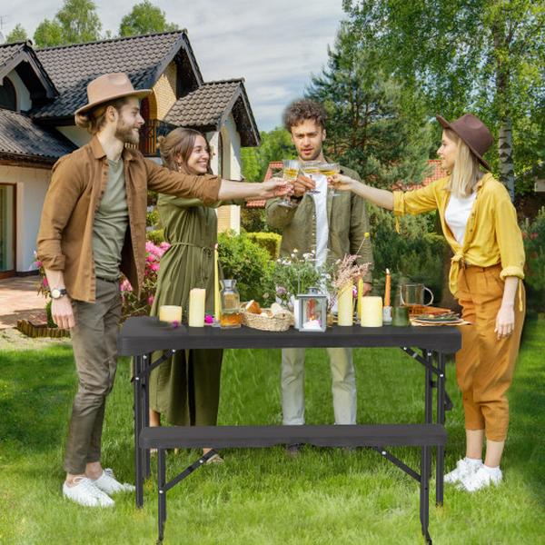 NP11837BK Outdoor Folding Table Bench Set with All-Weather HDPE Tabletop & Sturdy Metal Frame - Black