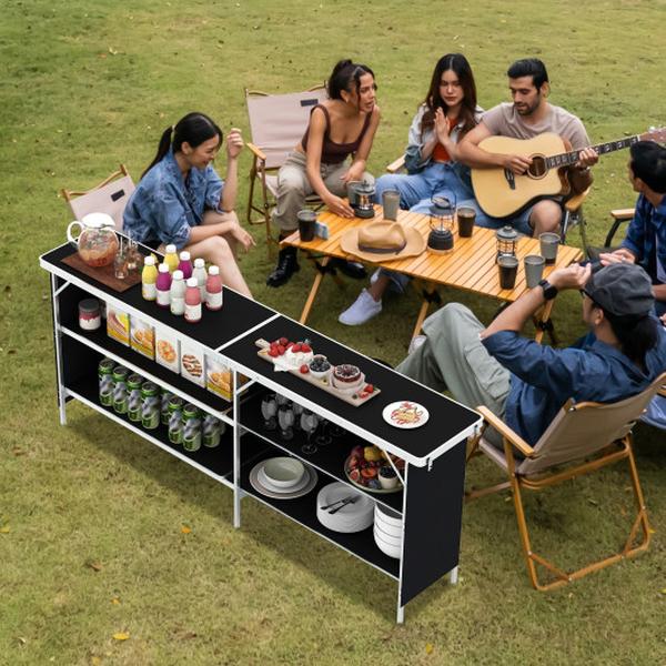 NP12015DK Aluminum Portable Picnic Table with 2-Tier Open Shelves & Spacious Tabletop - Black