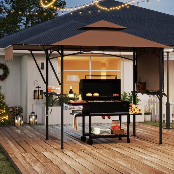 NP12040CF 13 x 5 ft. Grill Gazebo with Dual Side Awnings & 2 Shelves Adjustable Shadow - Coffee
