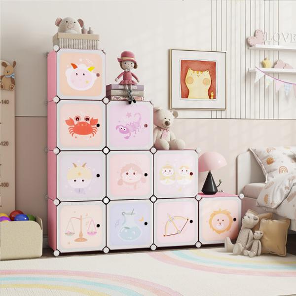 JZ10319PI 12 Cube Kids Wardrobe Closet with Hanging Section & Doors - White & Pink