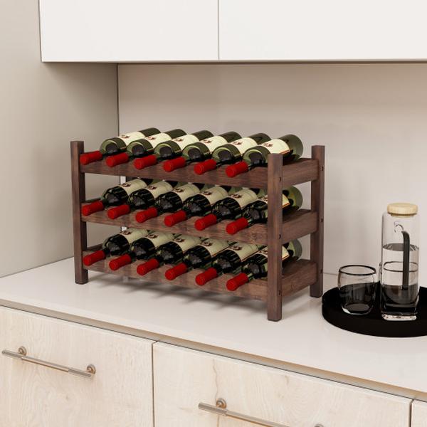 Picture of Costway KC57137CF 3-Tier Bamboo Freestanding Countertop Wine Bottle Organizer - Coffee