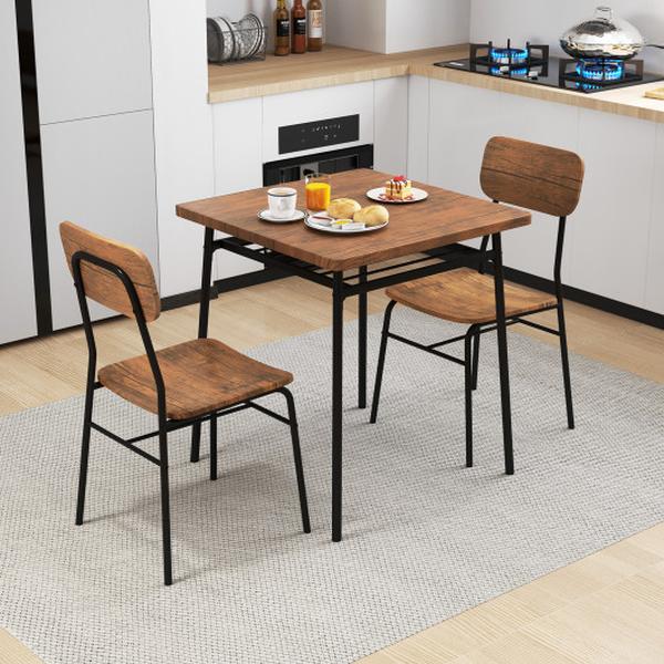 KC57727BN Dining Table Set with Wood Square Table & Metal Frame for 2 Persons - Brown - 3 Piece