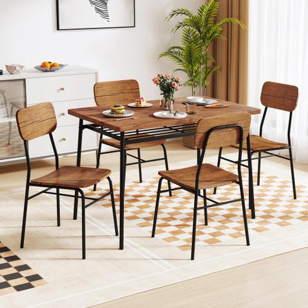 Picture of Costway KC57728BN Dining Table Set with Metal Frame & Storage Rack for 4-Persons - Brown - 5 Piece