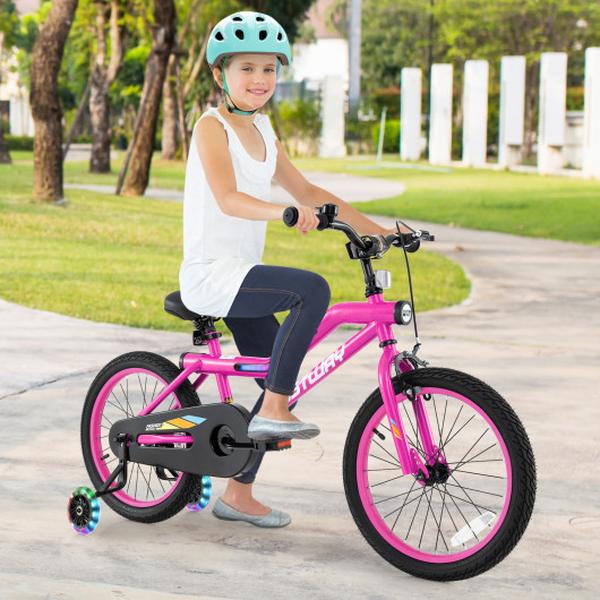 TS10184PI-18 18 in. LED Lighted Kids Bike with Training Wheels & Headlight for Ages 4-8 Years - Pink