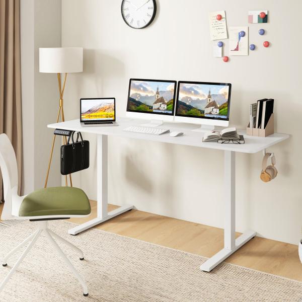 CB10758US-WH Electric Standing Desk with 3 Memory Heights, 2 Hanging Hooks & Cable Holes - White