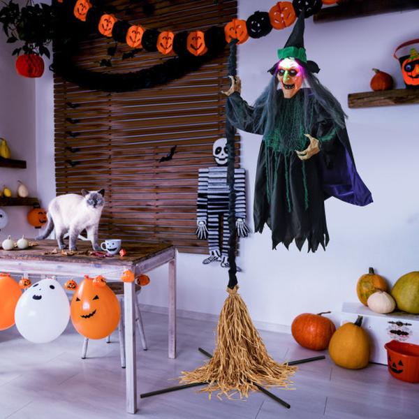 CM24804 7 ft. Halloween Animatronic Witch on Broom with LED Lights