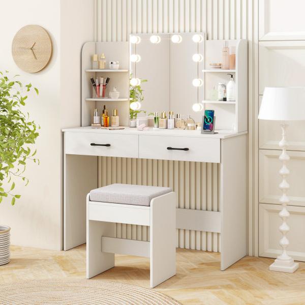 HU10803US-WH- Vanity Set with Lighted Mirror & Stool, Power Outlet - White