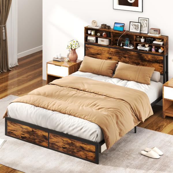 HU10817CF-Q Rustic Brown Bed Frame with Storage Headboard Industrial Metal Platform Bed - Queen Size