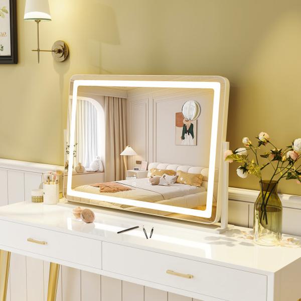 HU10933US-WH 32 x 22 in. Large Makeup Vanity Mirror with 3-Color Lighting Mode - White