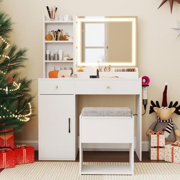 HU10935US-WH- Vanity Dressing Table & Chair Set with Mirror & Lights - White