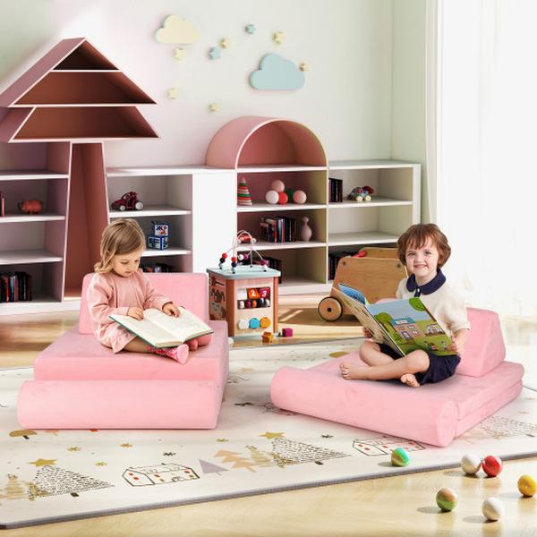 Picture of Costway HV10435-1 Kids Couch Foam Building Fort Play Set with Suede Cover - Pink - 8 Piece