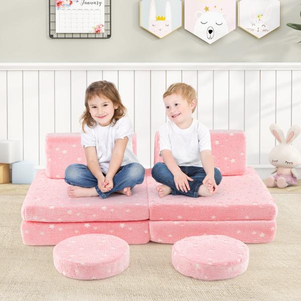 Picture of Costway HV10578PI Glow in the Dark Modular Kids Play Couch Set with Portable Handles - Pink
