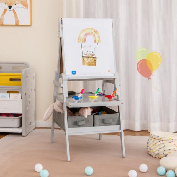 Picture of Costway TP10261GR 3-in-1 Art Easel with Magnetic Chalkboard & Whiteboard for Kids - Gray