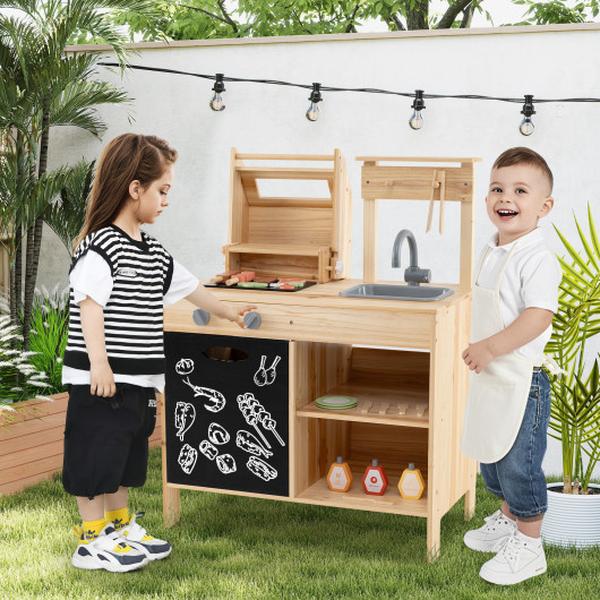 Picture of Costway TP10271NA Wooden Barbecue Grill Playset with Chalkboard&#44; Sink & Cabinet - Natural