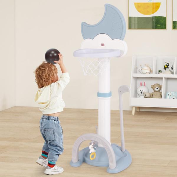 Picture of Costway UY10085BL 4-in-1 Kids Basketball Hoop with Moon-Shaped Electronic Scoreboard & Play Set - Blue