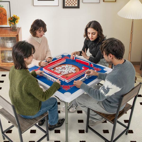 UY10170BL 35 in. 4 Player Game Card Folding Mahjong Table with Cup Holders - Blue