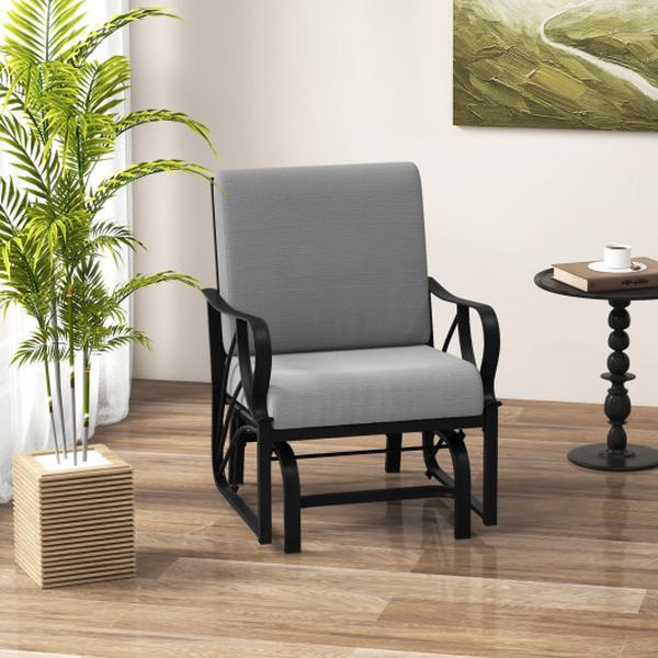 NP11170GR Patio Glider Rocking Chair with Thick Cushion & Curved Armrest - Gray