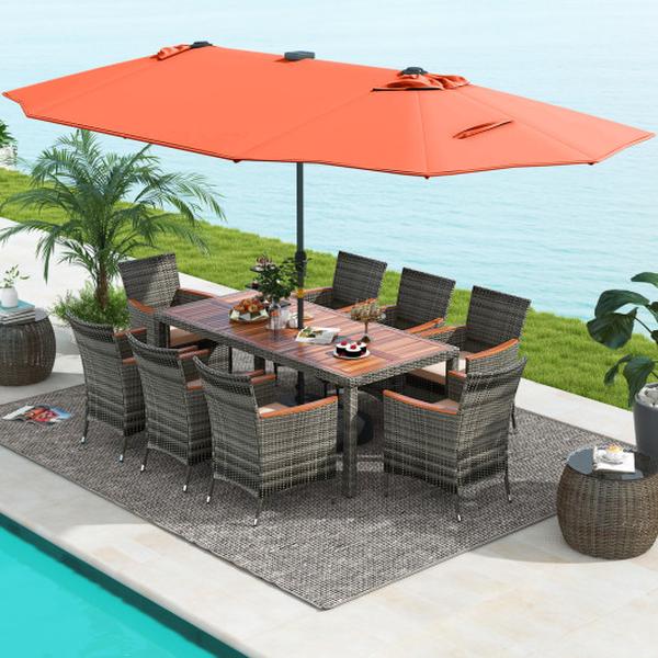 NP11368OR-HW71816- Patio Dining Set with 15 ft. Double-Sided Umbrella Base Included - Orange - 11 Piece