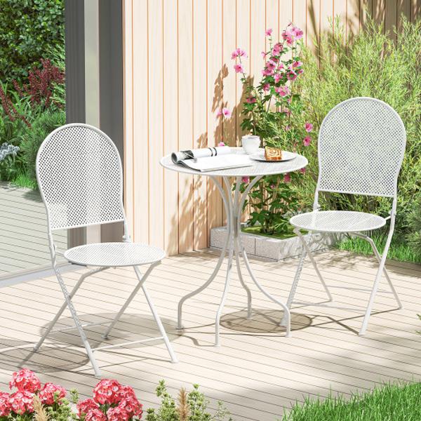 NP12235WH Metal Bistro Patio Round Table & 2 Folding Chairs Set - White - 3 Piece