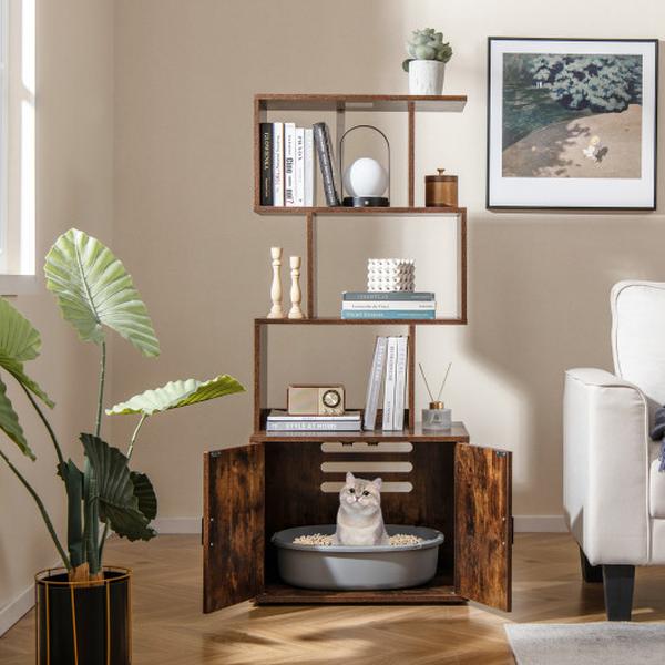 PV10166CF 56 in. Tall Cat Litter Box Enclosure with Storage - Rustic Brown