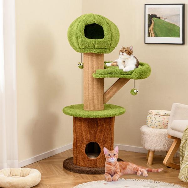 Picture of Costway PV10213GN Mushroom Cat Tree with 2 Cute Condos Plush Perch & Teasing Balls for Indoor Cats - Green