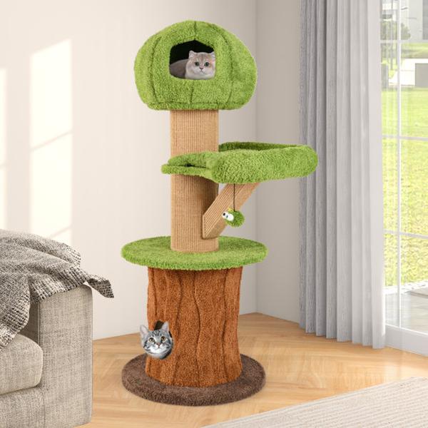 Picture of Costway PV10213GN Mushroom Cat Tree with 2 Cute Condos Plush Perch & Teasing Balls for Indoor Cats - Green