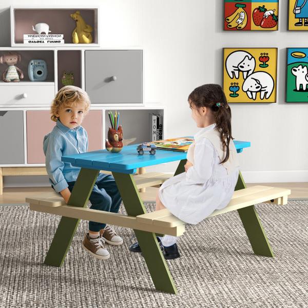 NP12029 Kids Wooden Picnic Toddler Activity & Dining Table with Built-in Benches