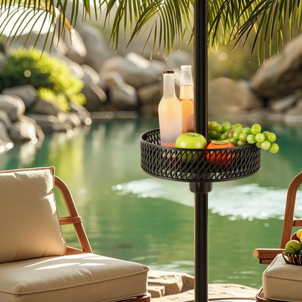 NP12267DK Patio Umbrella Table Tray Adjustable Base with Storage & Poles - Black