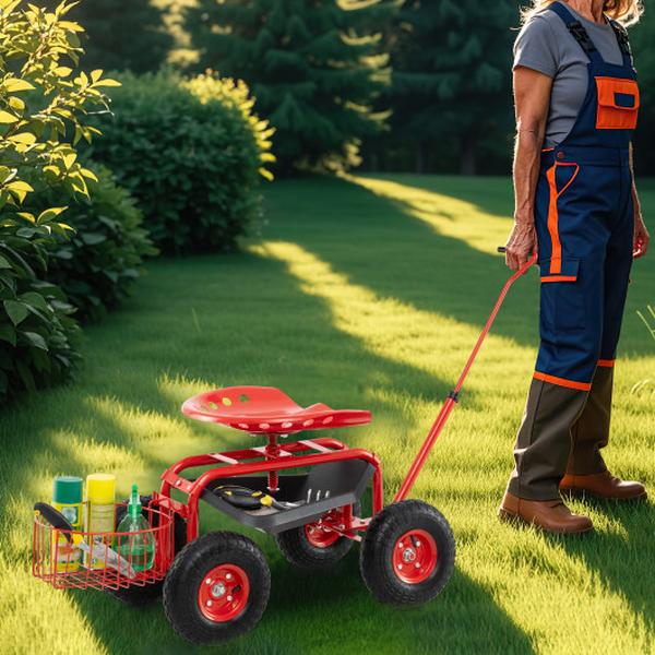 GT3750RE Extendable Handle Garden Cart Rolling Wagon Scooter - Red