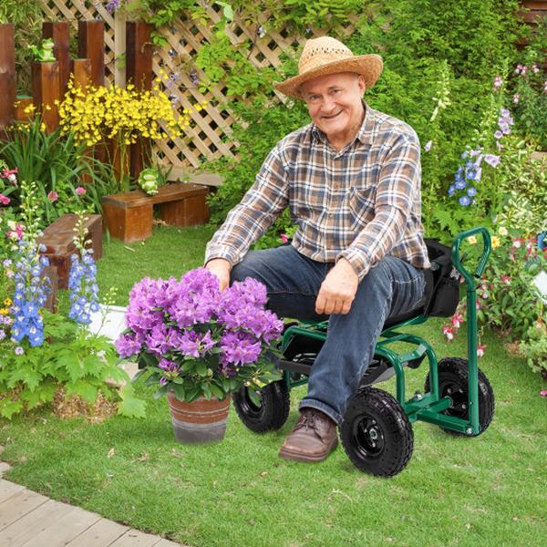 GT4030GN Cushioned Rolling Garden Cart Scooter with Storage Basket & Tool Pouch - Green