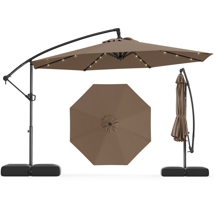NP12351TN 10 ft. Solar Offset Hanging Umbrella with Base & 32 LED Lights - Taupe