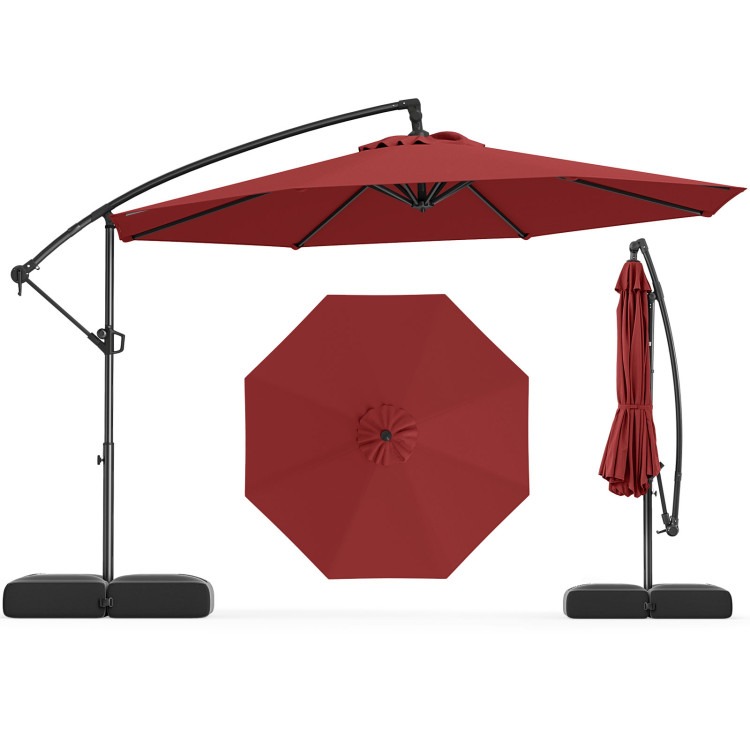 10 ft. Red Offset Hanging Umbrella with Base - Adjustable Tilt & 360° Rotation